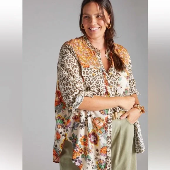 Pilcro by Anthropologie Leopard Floral Patchwork Button Down Shirt Medium Boho - Picture 8 of 8
